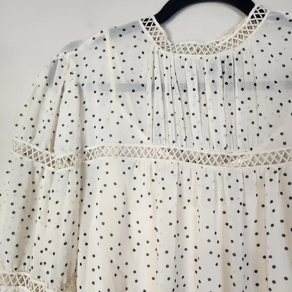 Women's Cream & Black Speck Print Peasant High Neck Sheer Blouse Large - Picture 4 of 16